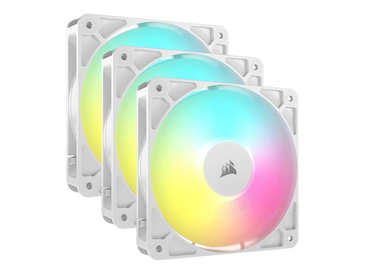 Drei Corsair RGB-Gehäuselüfter in gestaffelter Anordnung, die regenbogenfarbig beleuchtete Kreisblätter auf weißen quadratischen Rahmen zeigen.