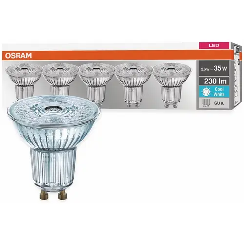 OSRAM LED-Lampe, GU10, EEK F, 2,6 W, 230 lm, 4000 K, 5er Set OSRAM LED-Lampe, GU10, EEK F, 2,6 W, 230 lm, 4000 K, 5er Set