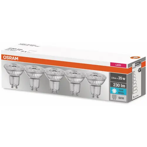 OSRAM LED-Lampe, GU10, EEK F, 2,6 W, 230 lm, 4000 K, 5er Set OSRAM LED-Lampe, GU10, EEK F, 2,6 W, 230 lm, 4000 K, 5er Set