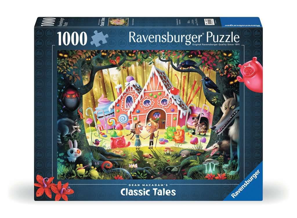 Ravensburger 'Klassische Märchen' 1000-teiliges Puzzlespielbox mit einer bunten Märchenhäuschen-Szene mit Kindern, Tieren und einem Wolf im Wald