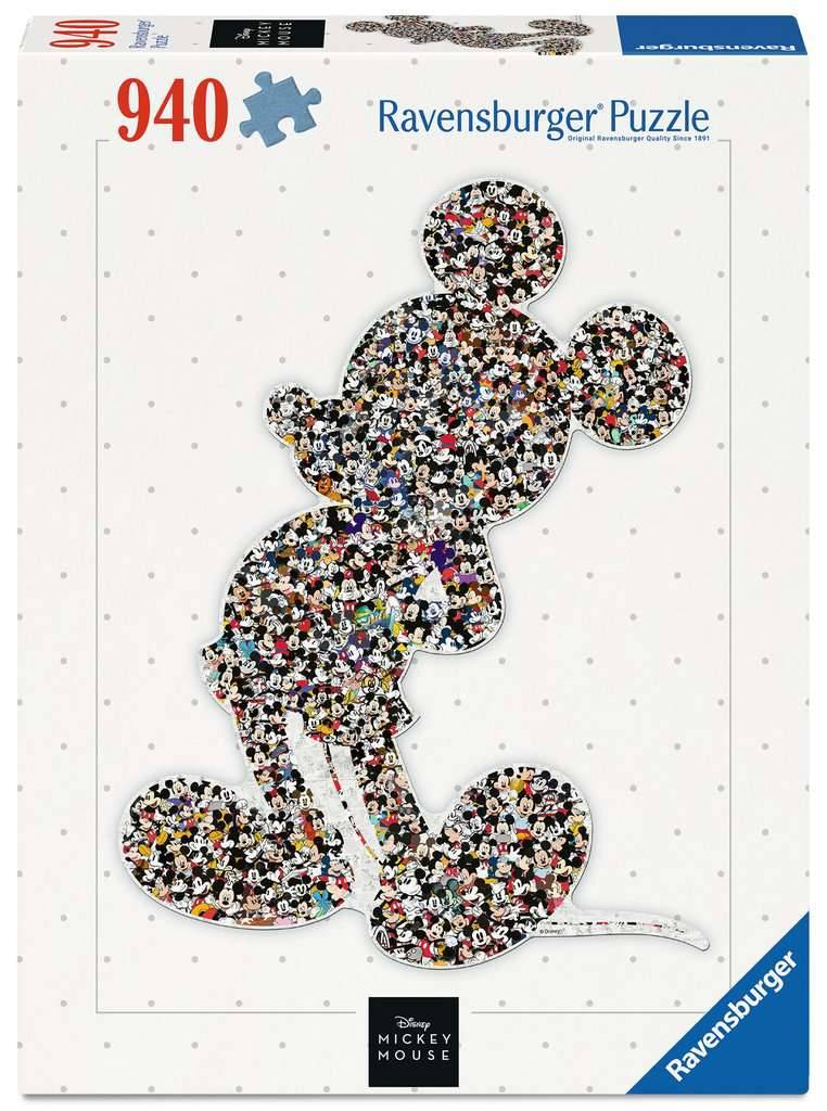 Ravensburger 940-teiliges Disney-Micky-Maus-Puzzle, das eine Micky-Silhouette zeigt, die aus einem mehrfarbigen Puzzlemuster besteht.
