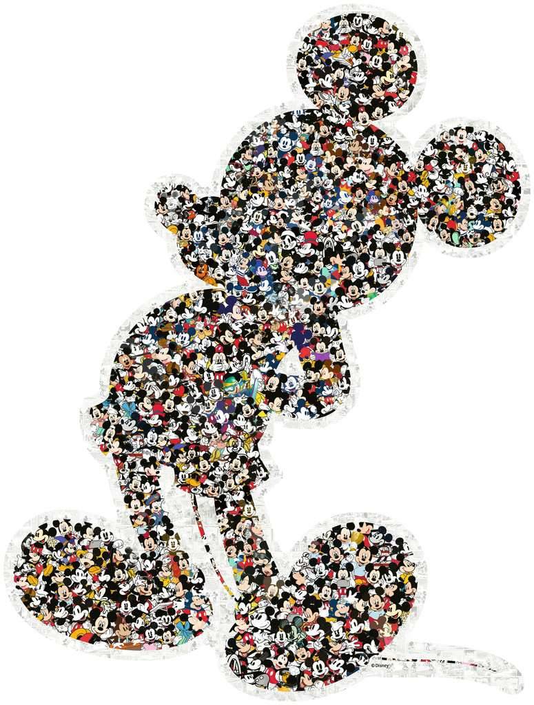 Micky-Maus-Silhouette aus einer Collage vieler kleiner Micky-Bilder auf weißem Hintergrund.