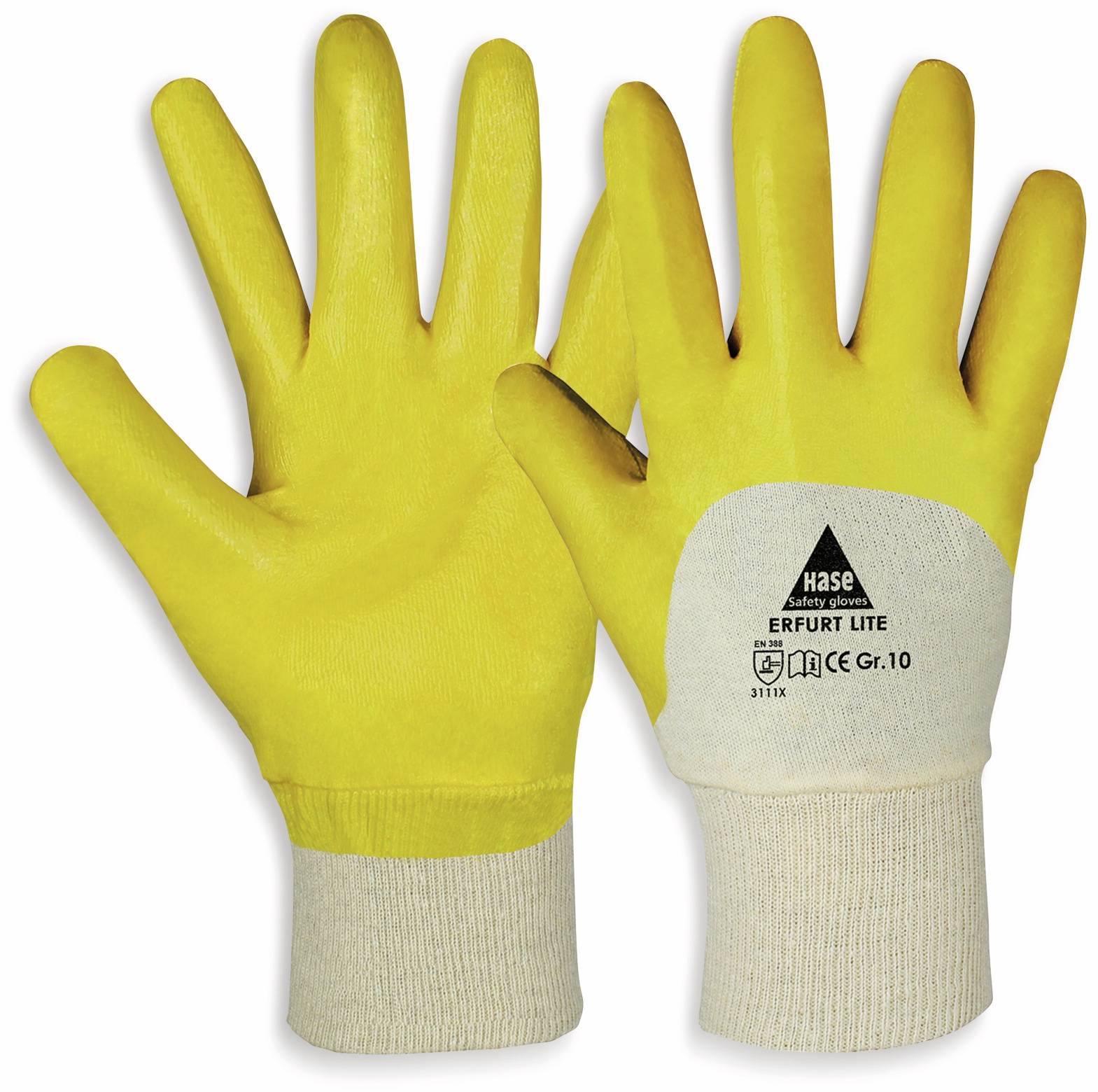 Zwei leuchtend gelbe Arbeitshandschuhe mit weißen Manschetten, mit der Aufschrift „Hase Safety Gloves, ERFURT LITE, CE