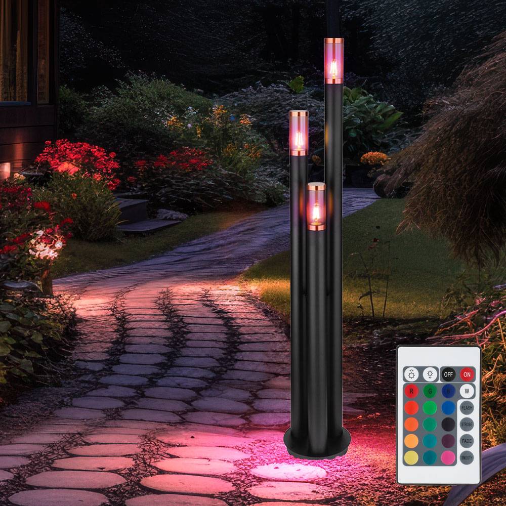 Wegeleuchten Außen Edelstahl Außenlampe Standleuchte Gartenleuchte schwarz, Kupfer rauchfarben, Fernbedienung dimmbar, 3x RGB LED 8,5W 806Lm, DxH 28