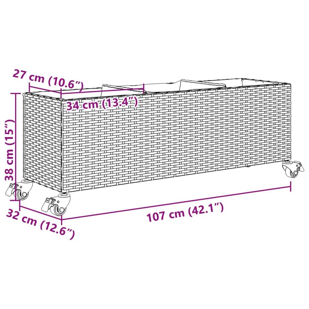 vidaXL Pflanzkübel mit Rollen 2 Stk. Braun 107x32x38 cm Poly Rattan