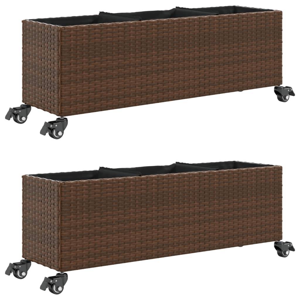 vidaXL Pflanzkübel mit Rollen 2 Stk. Braun 107x32x38 cm Poly Rattan
