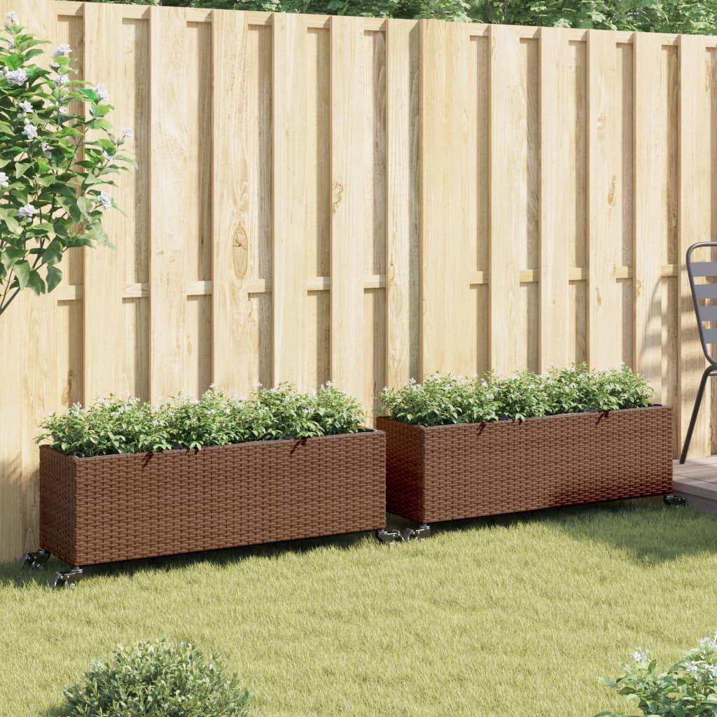 vidaXL Pflanzkübel mit Rollen 2 Stk. Braun 107x32x38 cm Poly Rattan