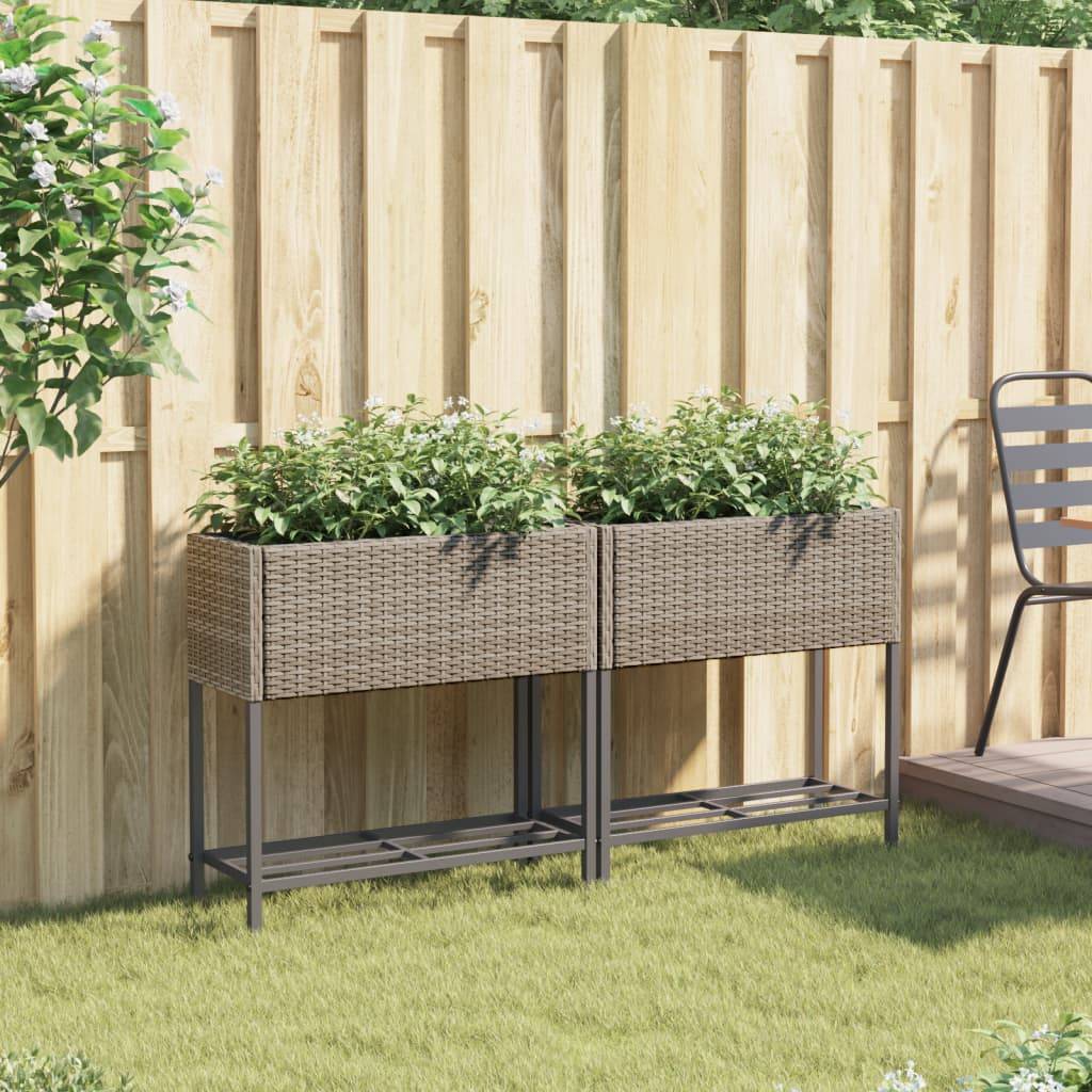 vidaXL Hochbeete mit Ablage 2 Stk. Grau 70x28x70 cm Poly Rattan