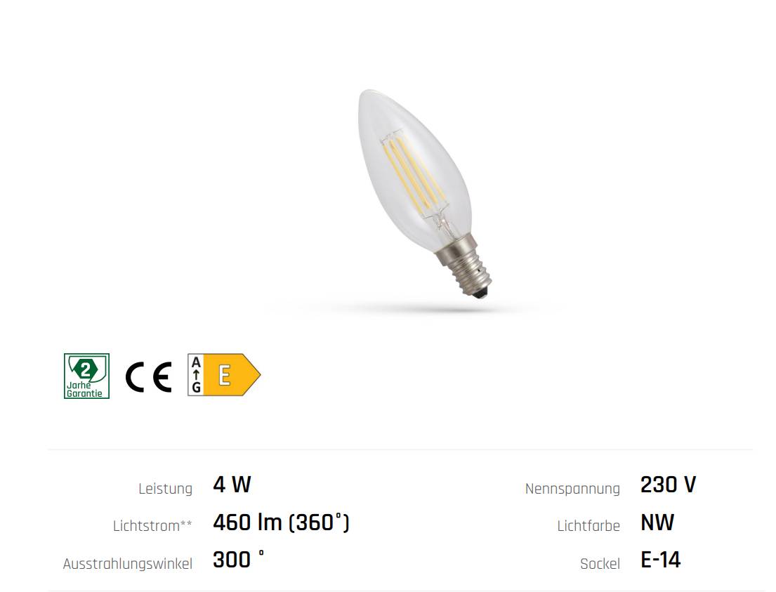 Spectrum LED Filament E14 C35 Kerze Klar 4W = 39 Watt 460lm 300° Retro Neutralweiß 4000K