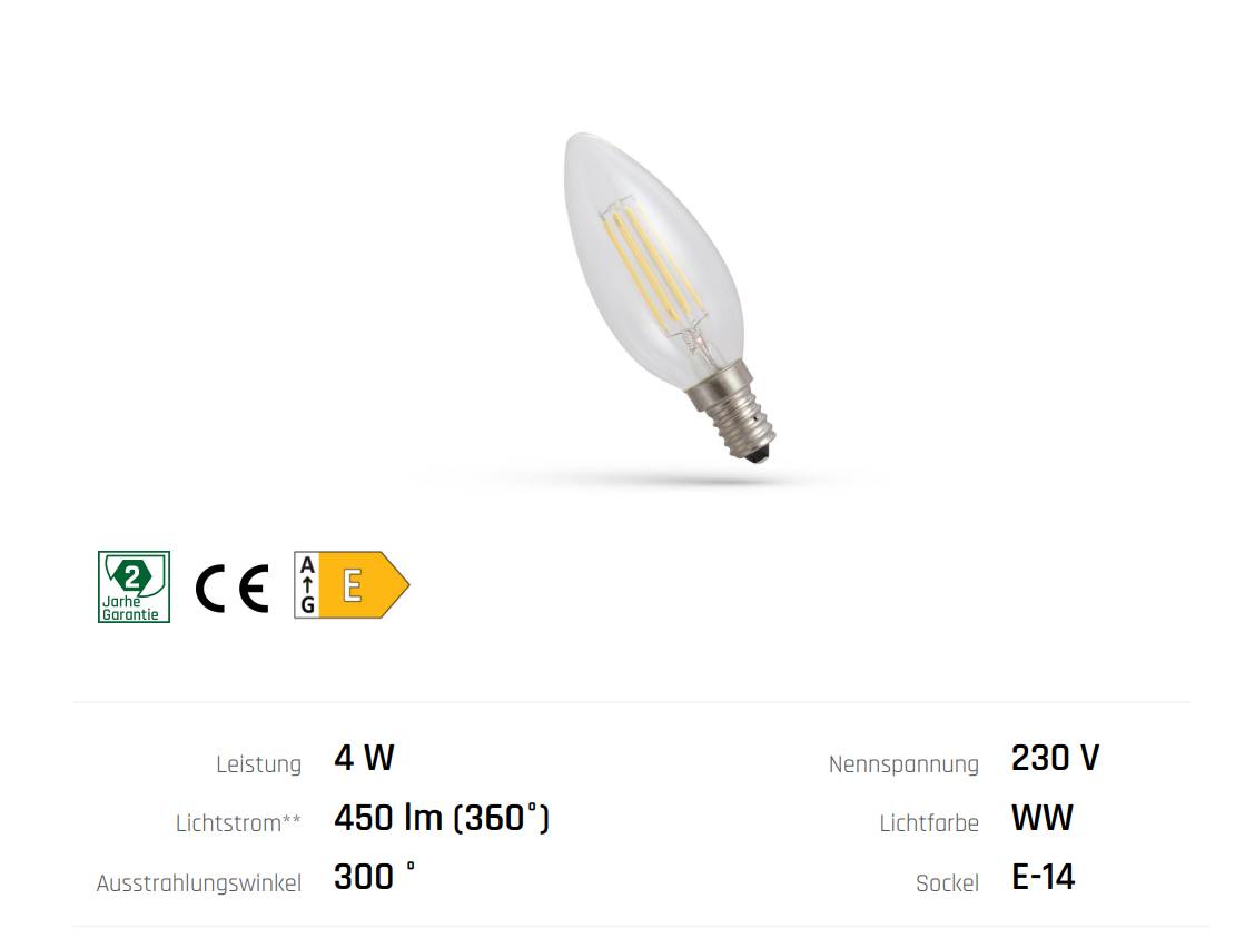 Spectrum LED Filament E14 C35 Kerzenform Klar 4W =39 Watt 450lm 300° Retro Warmweiß 2700K