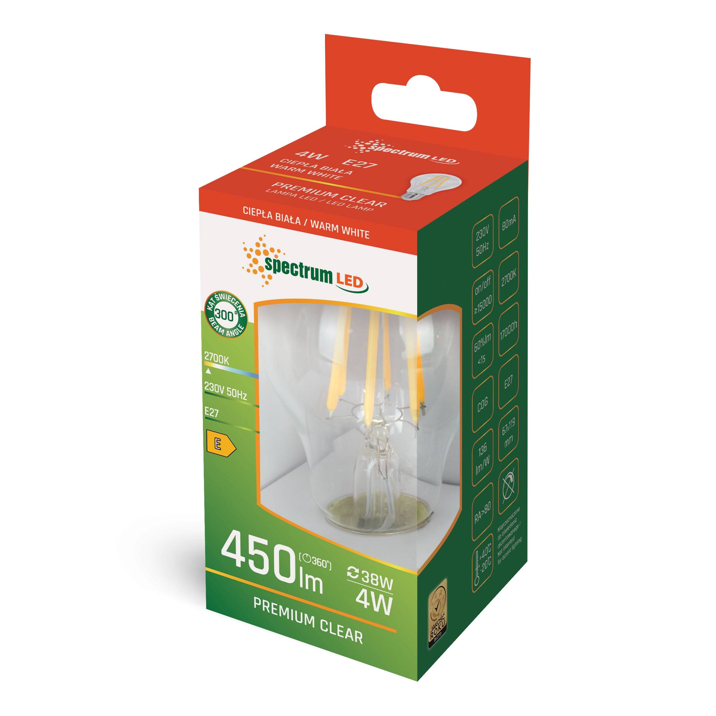 Spectrum LED E27 A60 Filament Klar 4W = 38 Watt 450lm Birne 300° Warmweiß 2700K