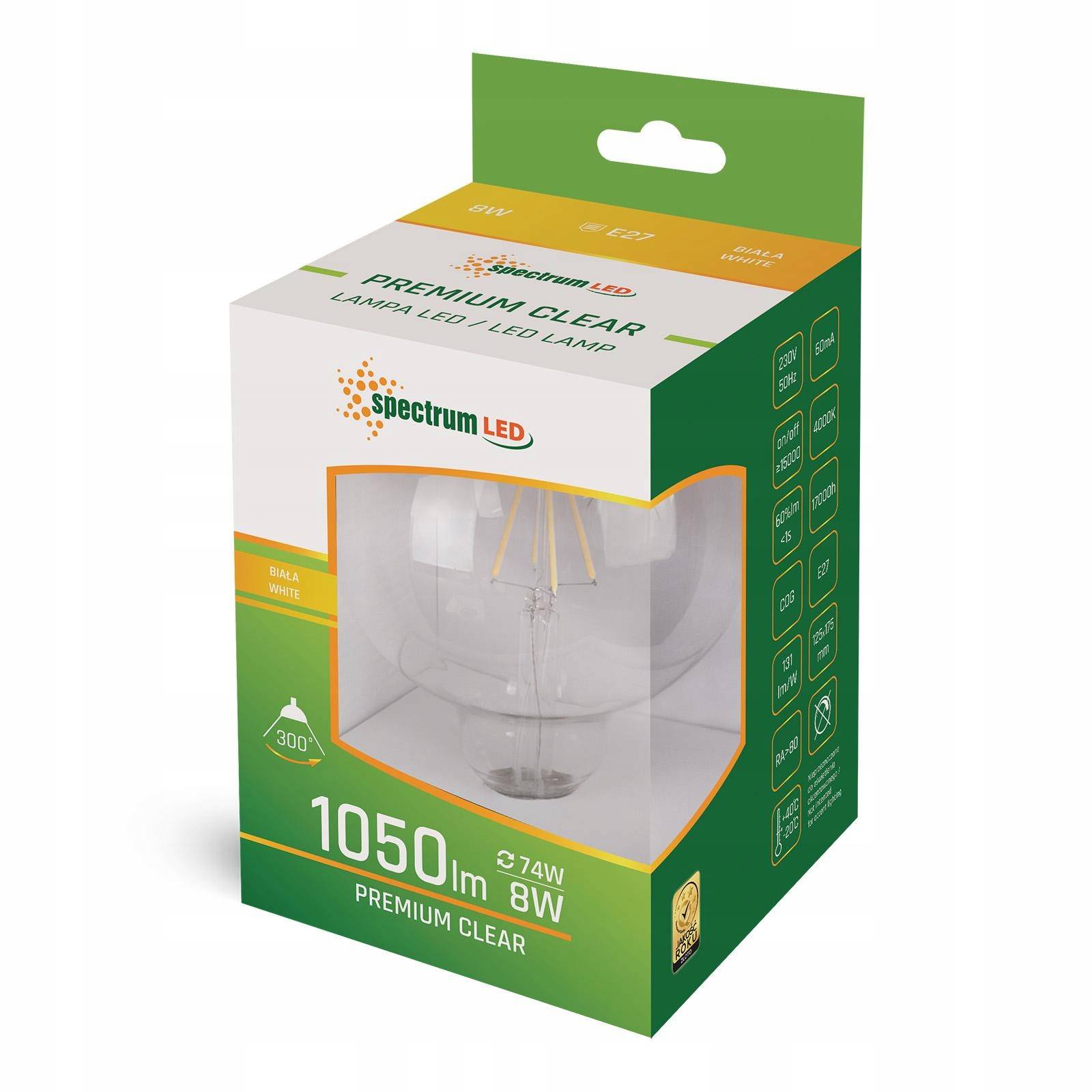 Spectrum LED E27 G125 Filament klar 8W = 74W 230V Globe 1050lm 300° Neutralweiß 4000K