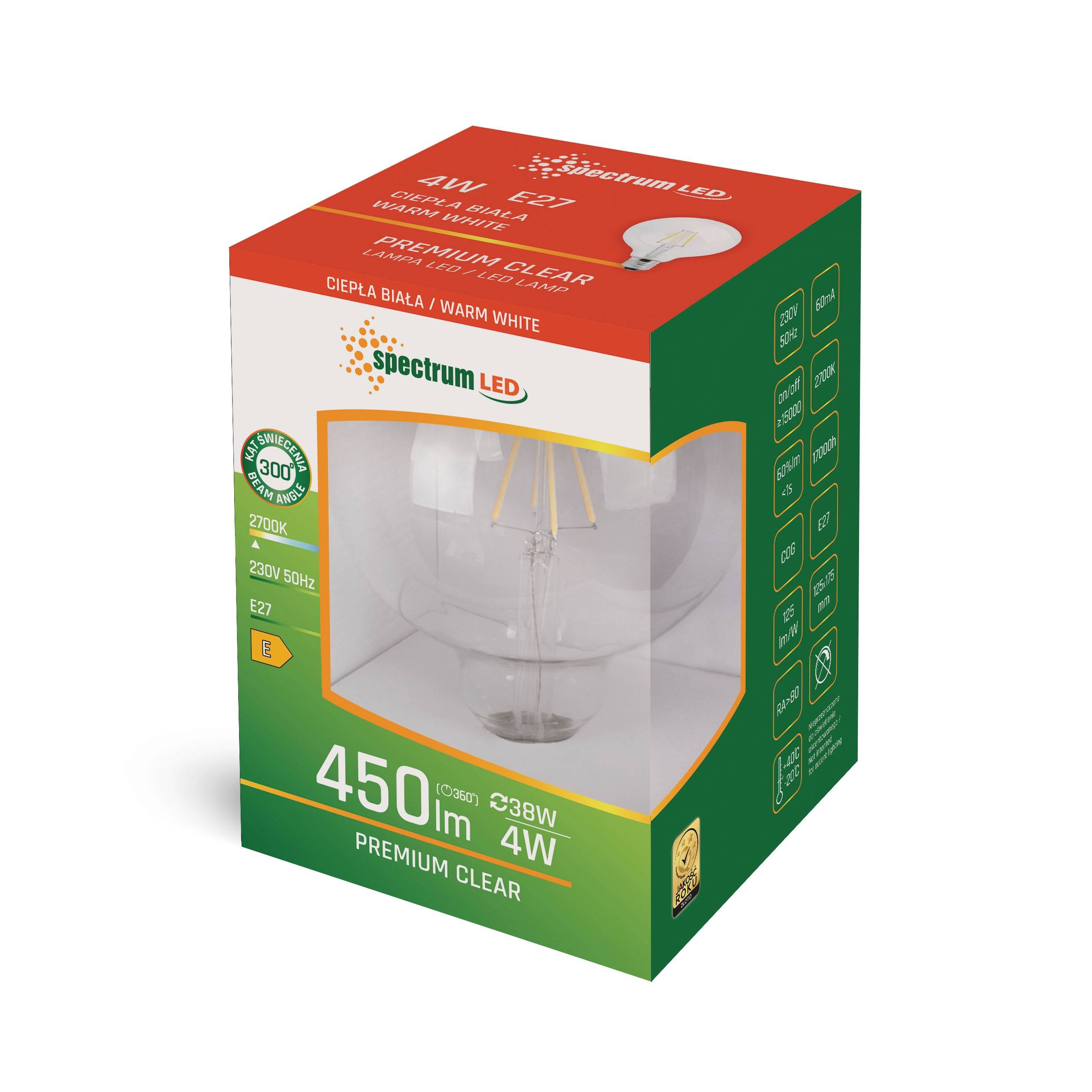 Spectrum LED E27 G95 Filament klar 4W = 38W 230V Globe 450lm 300° Warmweiß 2700K