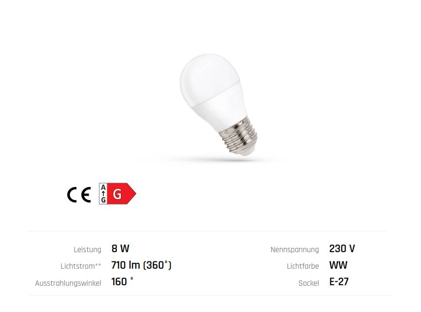 Spectrum LED E27 G45 Tropfen 8W = 48W Kugel 620lm Lampe Birne Warmweiß 3000K