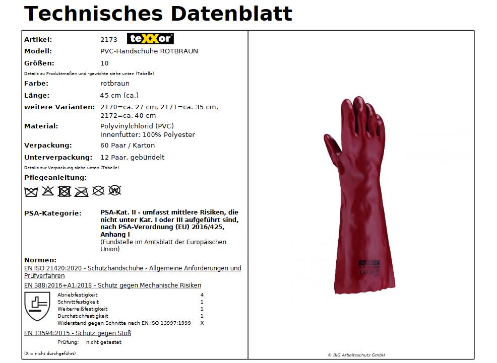 2173 texxor PVC Handschuh Chemikalienbeständig rotbraun 45cm lang 60 Paar Gr 10
