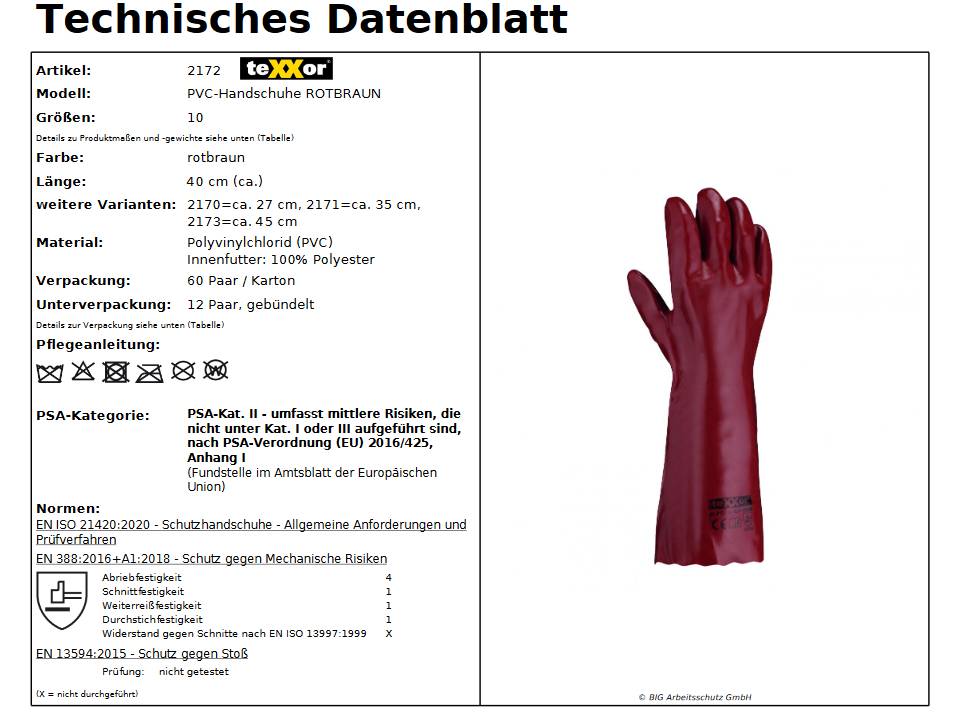 2172 texxor PVC Handschuh Chemikalienbeständig rotbraun 40cm lang 60 Paar Gr 10