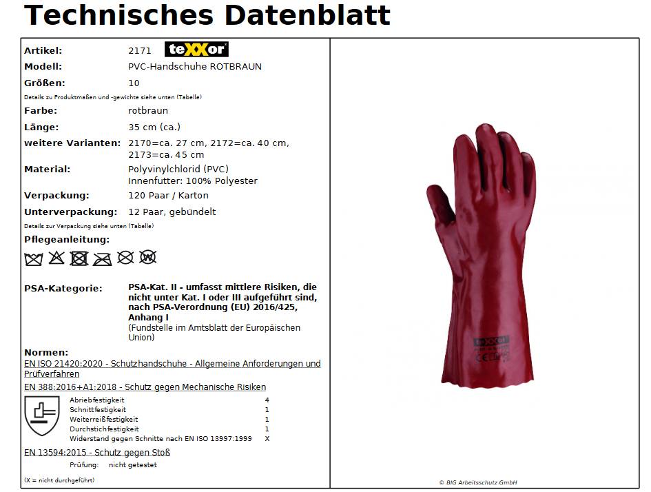 2171 texxor PVC Handschuh Chemikalienbeständig rotbraun 35cm lang 120 Paar Gr 10