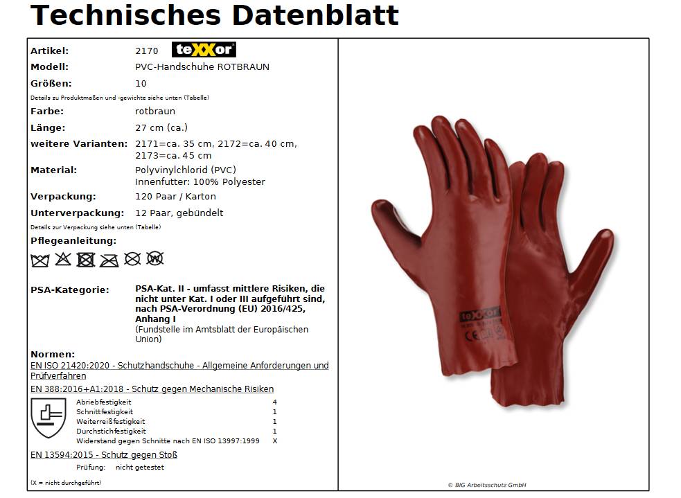 2170 texxor PVC Handschuh Chemikalienbeständig rotbraun 27cm lang 120 Paar Gr 10