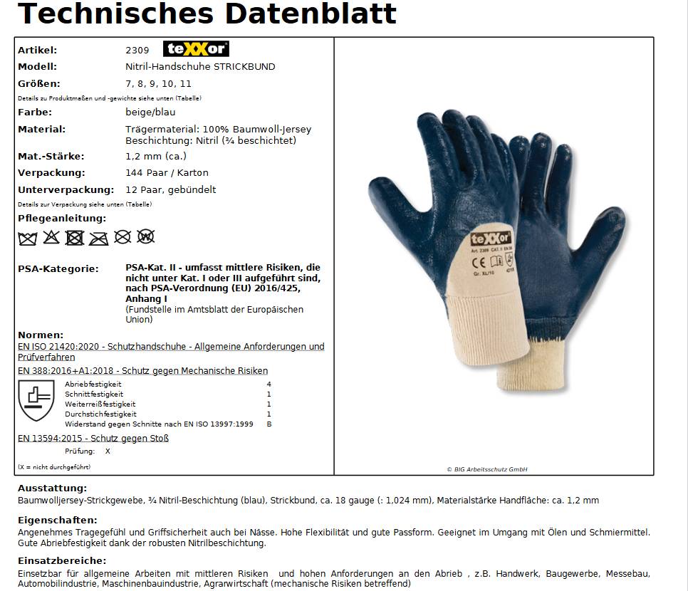 2309 teXXor Nitril-Handschuhe Strickbund blau teilbeschichtet 144 Paar Gr. 10
