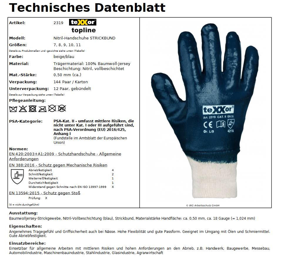 2319 texxor vollbeschichtet Strickbund Nitril-Handschuh blau 144 Paar Gr. 9