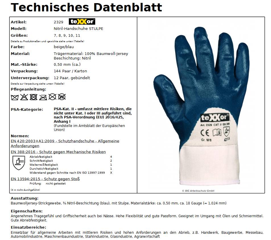 2329 teXXor blau 3/4 teilbeschichtet Nitril-Handschuh mit Stulpe 144x Gr. 9
