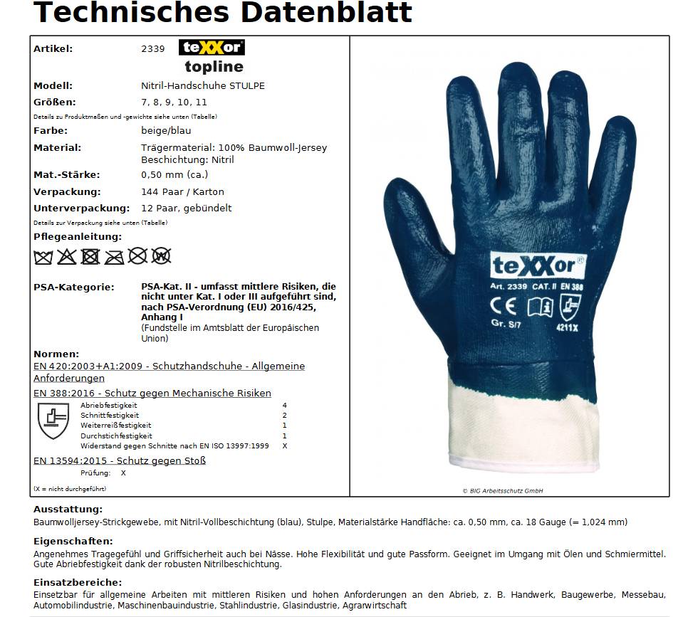 2339 teXXor 144 Paar Bau Nitrilhandschuh vollbeschichtet blau Stulpe Gr. 9