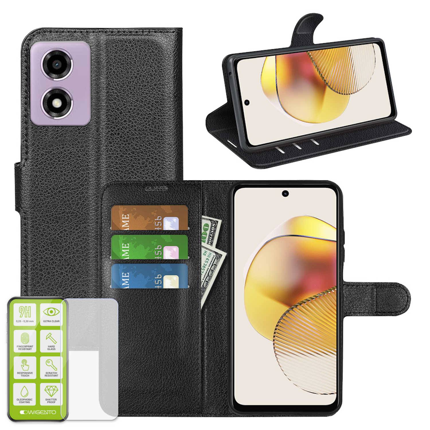 Für Motorola Moto E14 / G04 G04S 4G / G24 4G Kunst Leder Tasche + Glas
