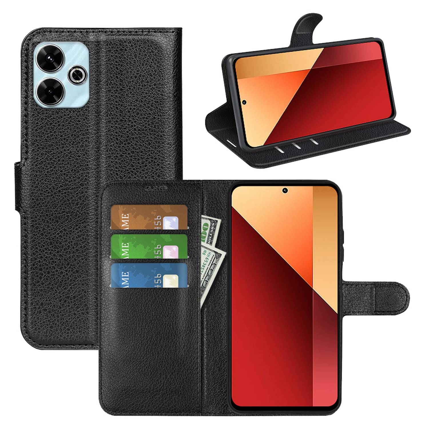 Für Xiaomi Redmi 13 4G / Poco M6 4G Book Wallet Schutz Hülle Schwarz