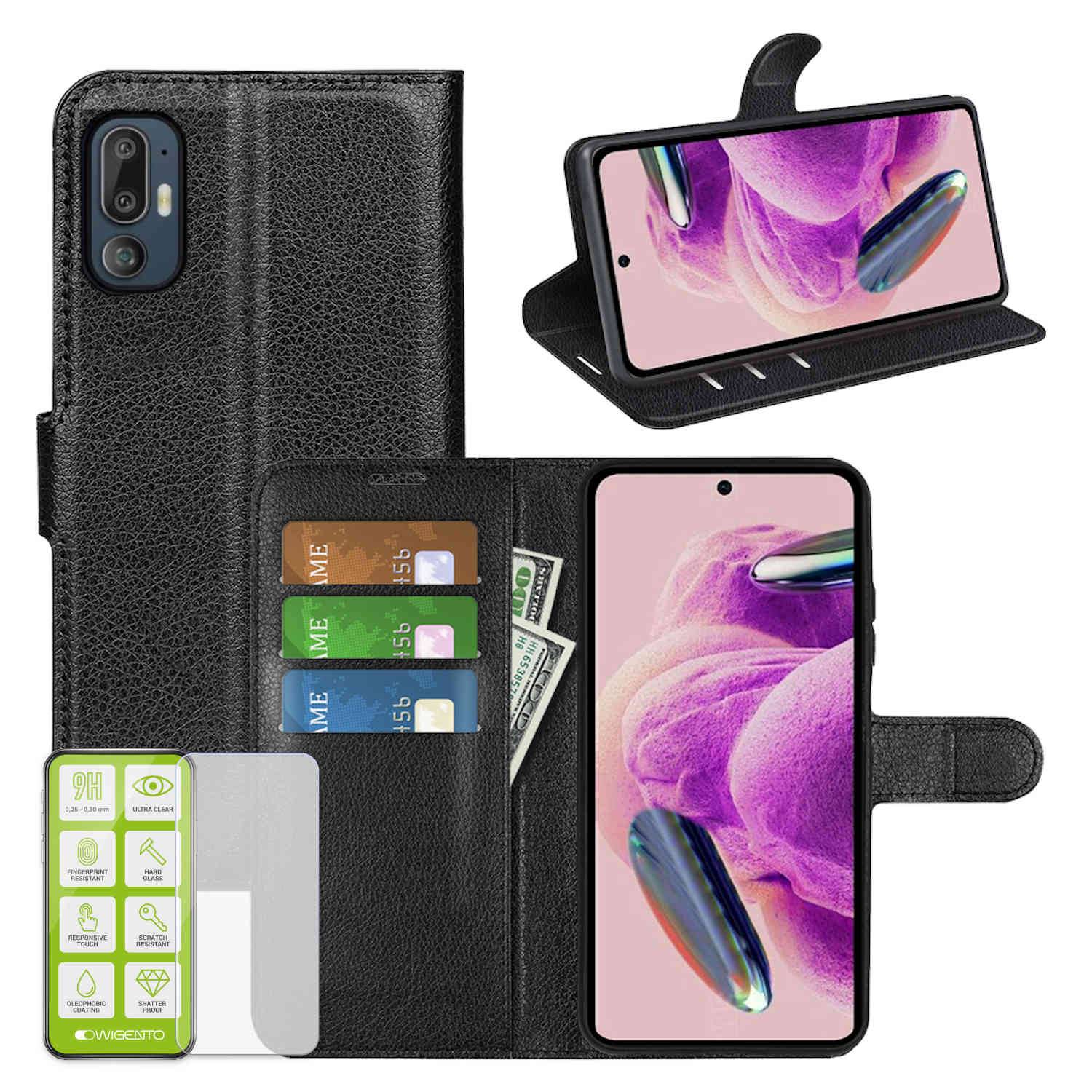 Für HTC U24 Pro Kunst Leder Book Wallet Tasche Schwarz + H9 Hart Glas