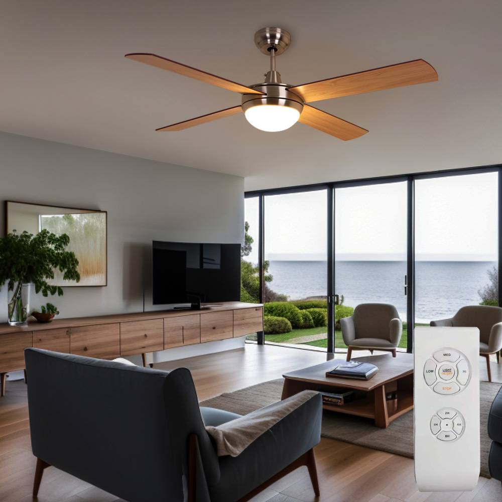 Deckenventilator Ventilator Holzleuchte Lampe Wohnzimmerlampe Küche, Fernbedienung Flügel wendbar 2flammig 3 Stufen, Landhausstil Metall Glas MDF Ho