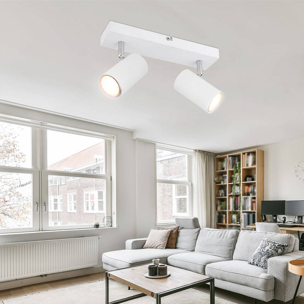 Deckenleuchte Spot 2 flammig Deckenstrahler weiß Deckenlampe Wohnzimmer mit schwenkbaren Strahlern, Metall, 2x GU10, LxBxH 26x6x12