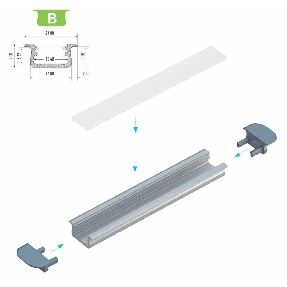 LED Aluminium Profil Leiste Weiß | Typ B Vielseitig einsetzbar | Mit Endkappe | Milchig Abdeckung | 1m