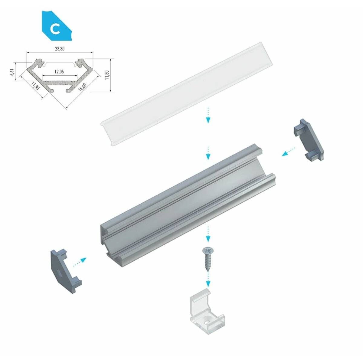 LED Aluminium Profil Leiste Inox | Typ C Neigungswinkel 45° | Mit Endkappe und Halterung | Gefroren Abdeckung | 1m