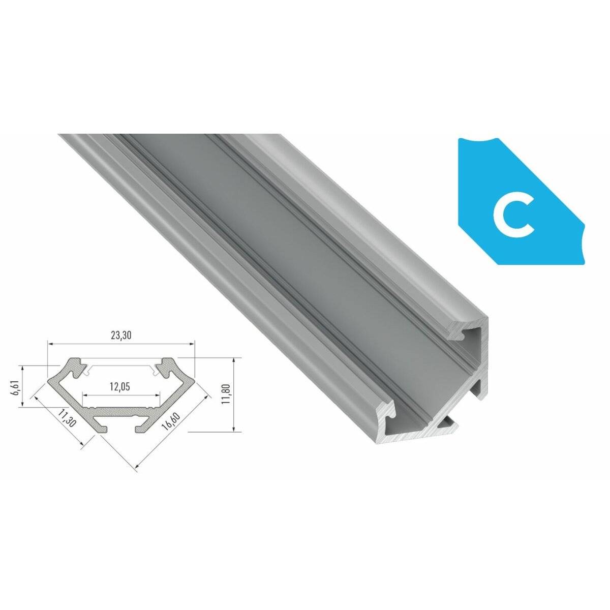 LED Aluminium Profil Leiste Inox | Typ C Neigungswinkel 45° | Mit Endkappe und Halterung | Gefroren Abdeckung | 1m