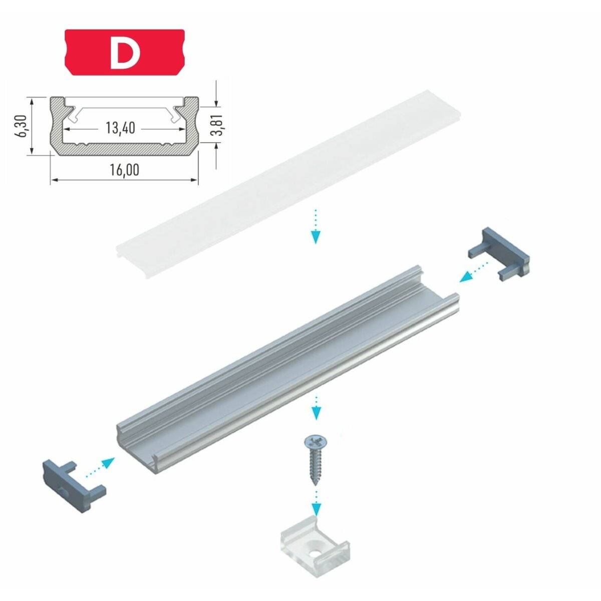 LED Aluminium Profil Leiste Schwarz | Typ D | Mit Endkappe und Montagehalterung | Milchig Abdeckung | 1m