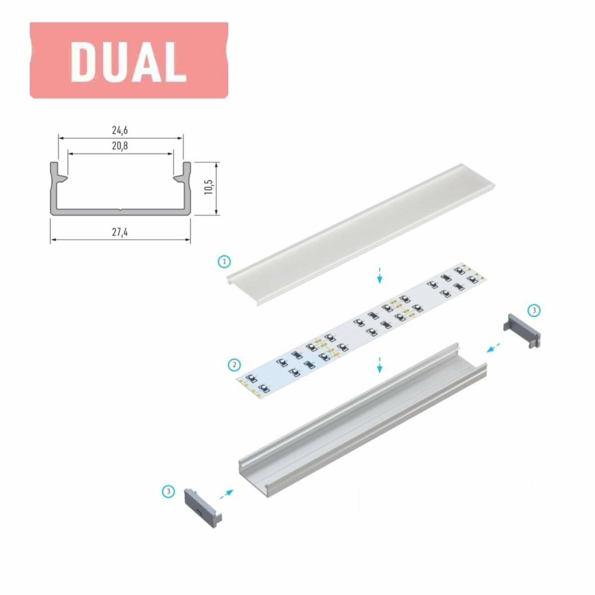 LED Aluminium Profil Leiste Inox | Typ H | Mit Endkappe und Montagehalterung | Schwarz Abdeckung | 1m