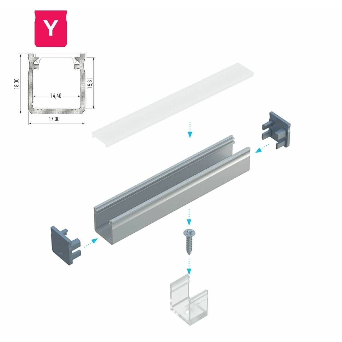 LED Aluminium Profil Leiste Inox | Typ RETO Vielseitig einsetzbar | Mit Endkappe | Milchig Abdeckung | 1m
