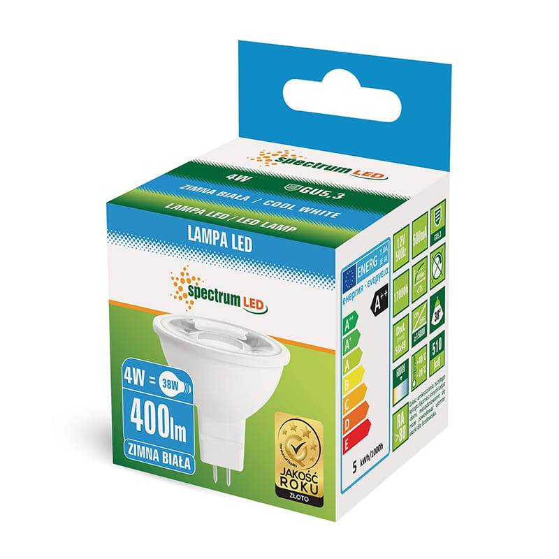 Spectrum LED GU5,3 MR16 4W = 38W Leuchtmittel 12V Lampe 400lm Spot 38° Kaltweiß 6000K