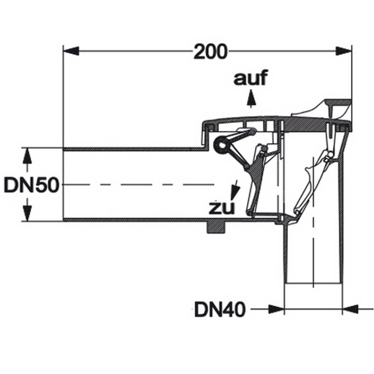 Technische Querschnittszeichnung einer Ventilbaugruppe mit den Abmessungen 200, DN50 und DN40, mit deutschen Beschriftungen 