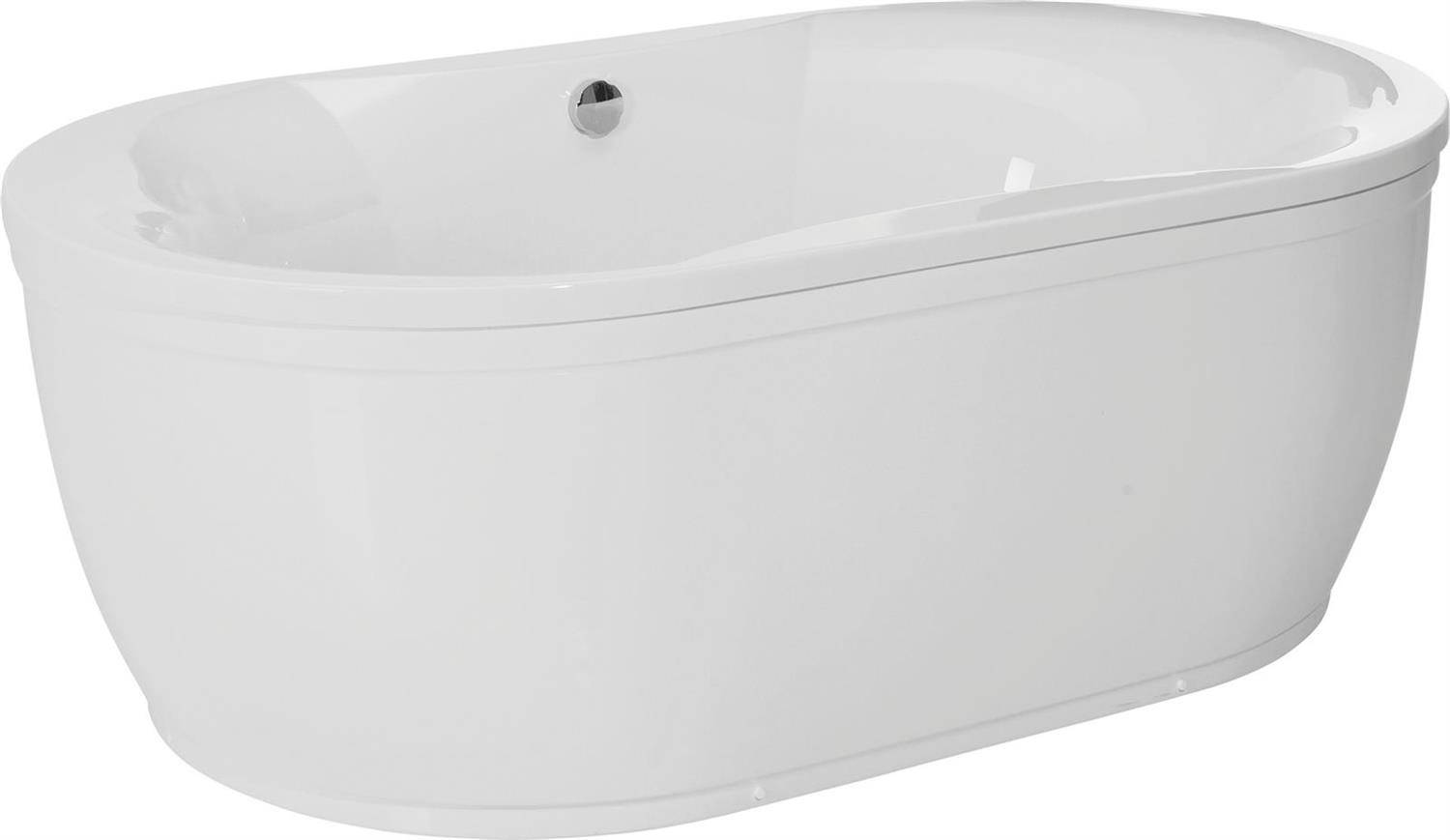 Freistehende, weiße, ovale Badewanne mit einem einzelnen Überlauf und Abloch, dargestellt vor neutralem Hintergrund.