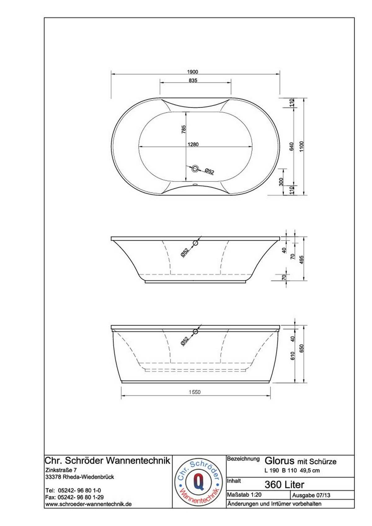 Schröder Badewanne Oval Glorus 190x110x49,5 cm weiß, Schürze u. Ab- u.Überlaufgar.