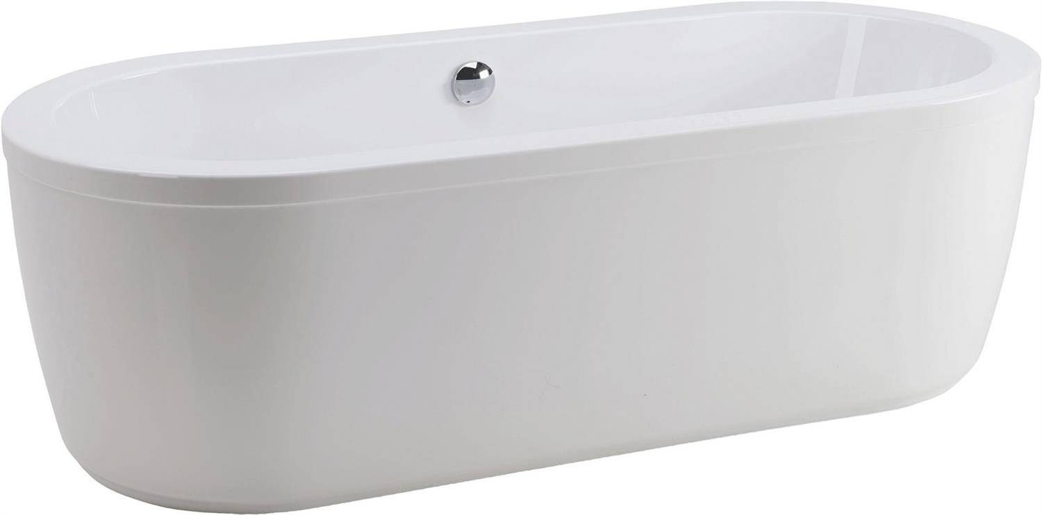 Freistehende weiße ovale Badewanne mit verchromtem Überlaufablauf, isoliert auf weißem Hintergrund dargestellt.