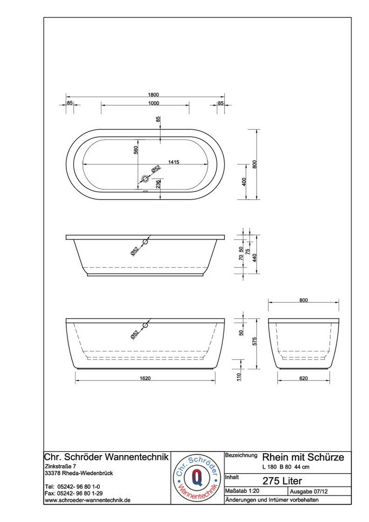 Schröder Badewanne Ovalwanne Rhein 180x80x44/57,5 cm weiß mit 1-teiliger Schürze