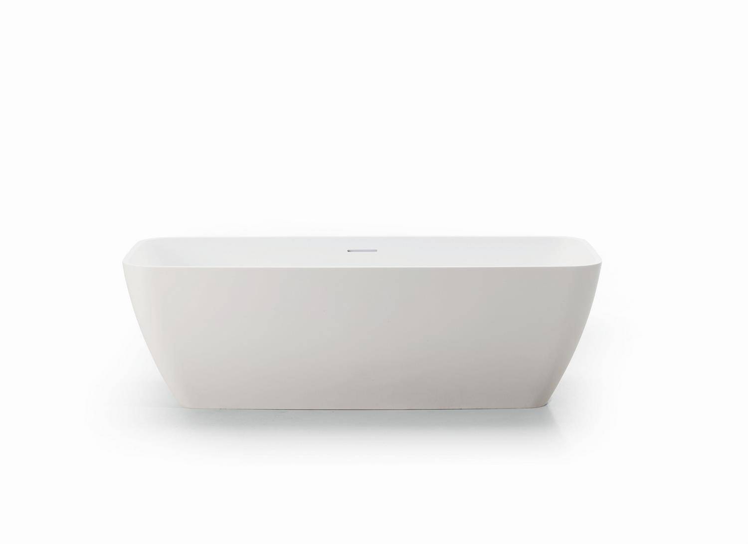 Minimalistisches weißes rechteckiges an der Wand montiertes Badezimmerbecken oder Waschtisch vor einem schlichten weißen Hintergrund.