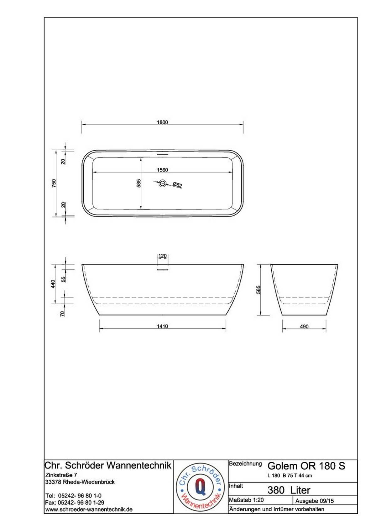 Schröder Badewanne Designwanne Golem OR 180 S 179,5x75x44/56,5 cm cremeweiß matt