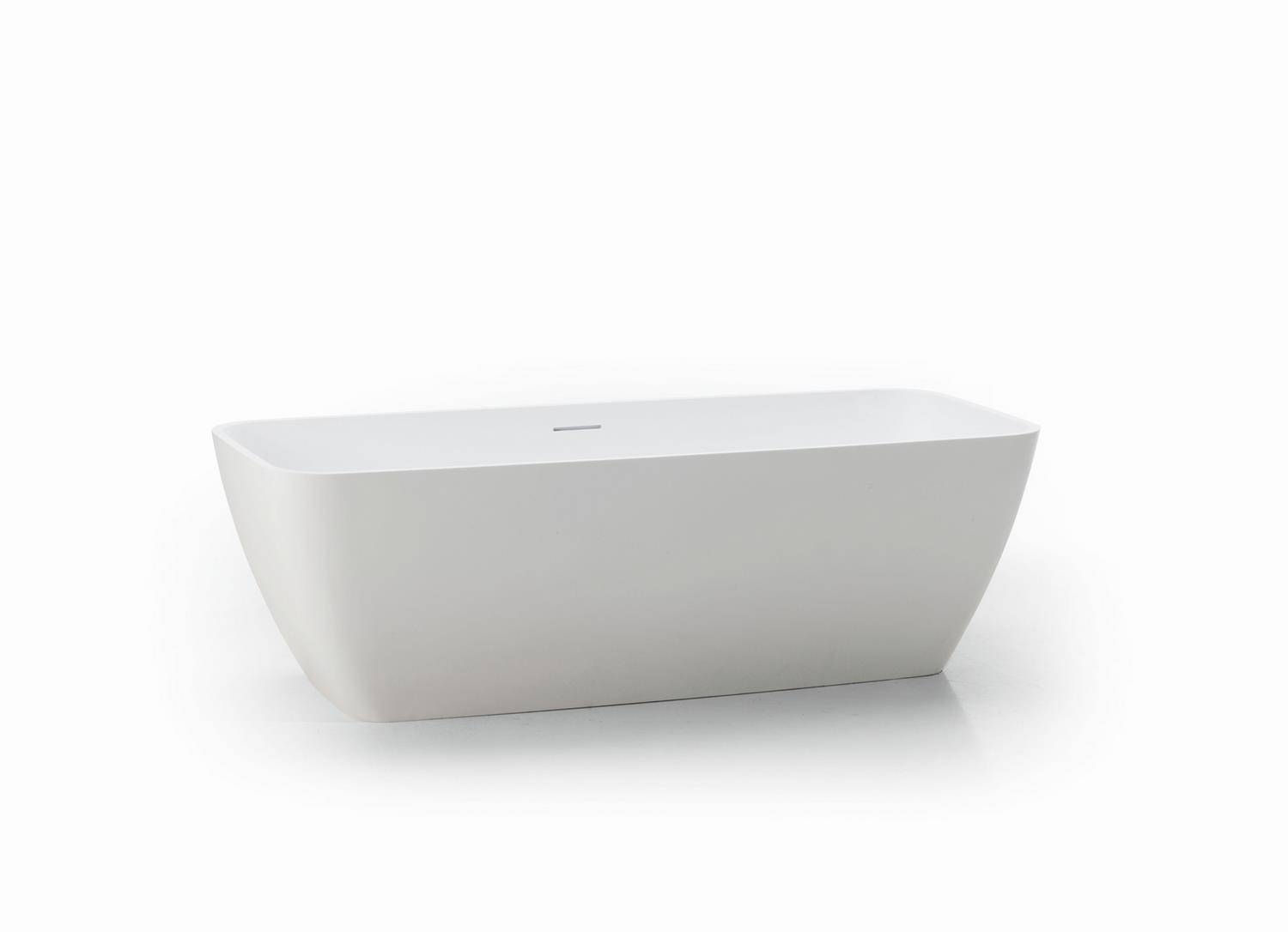 Minimalistische freistehende Badewanne in Weiß mit abgerundeter rechteckiger Form auf weißem Hintergrund.