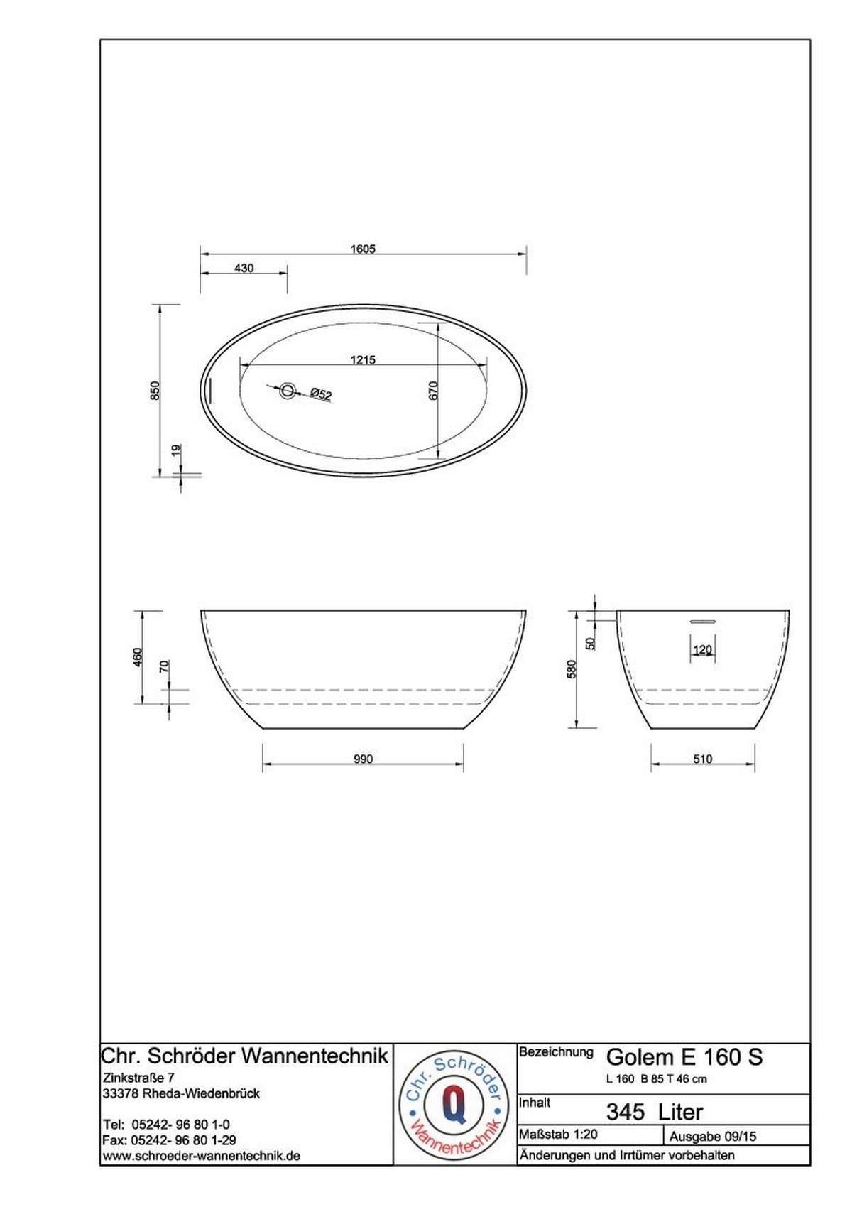 Schröder Badewanne Designwanne Golem E 160 S 160,5x85x46/58 cm cremeweiß matt