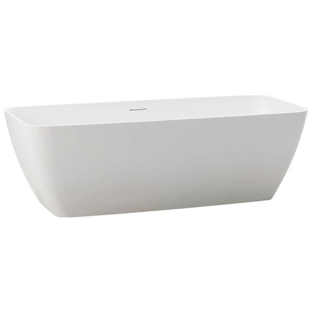 Moderne freistehende weiße Badewanne mit einer eleganten rechteckig-ovalen Form, gezeigt vor einem schlichten weißen Hintergrund.