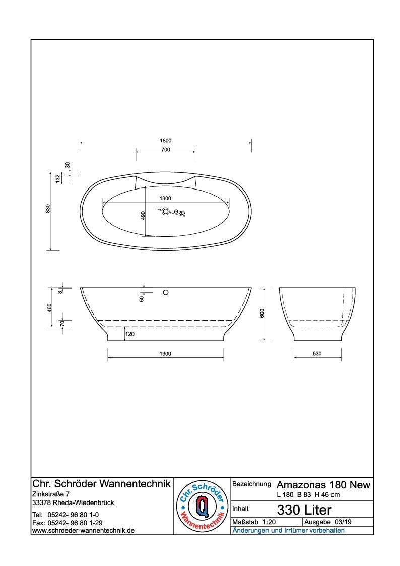 Technische Zeichnung der oval freistehenden Badewanne „Amazonas 180 New