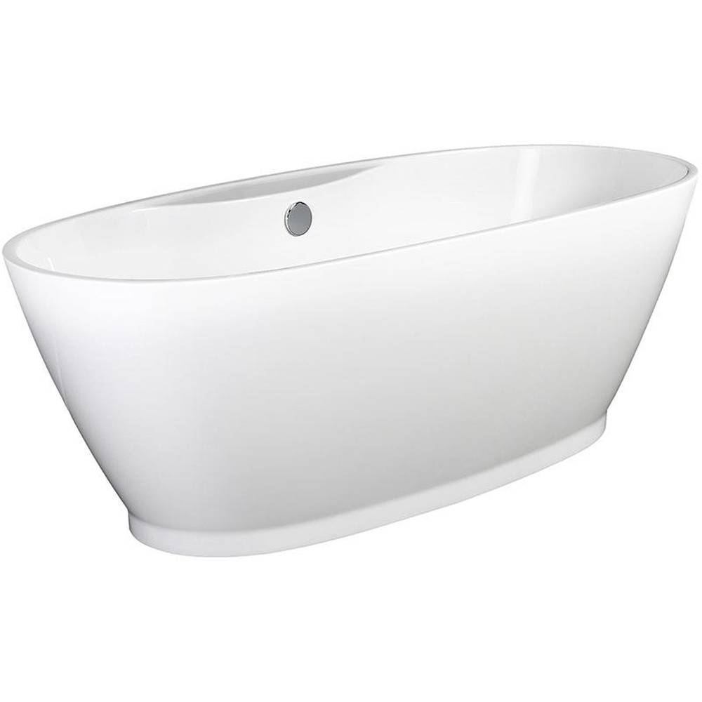 Freistehende weiße ovale Badewanne in Seitenansicht auf weißem Hintergrund.